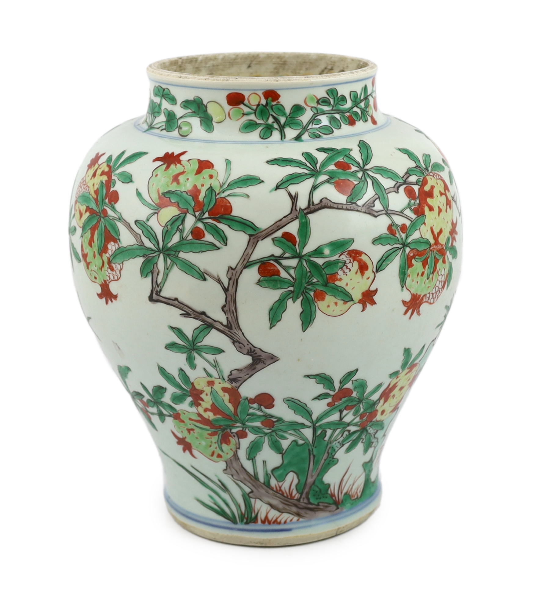 A Chinese wucai ‘pomegranate’ baluster vase, Transitional, Shunzhi period, c.1650